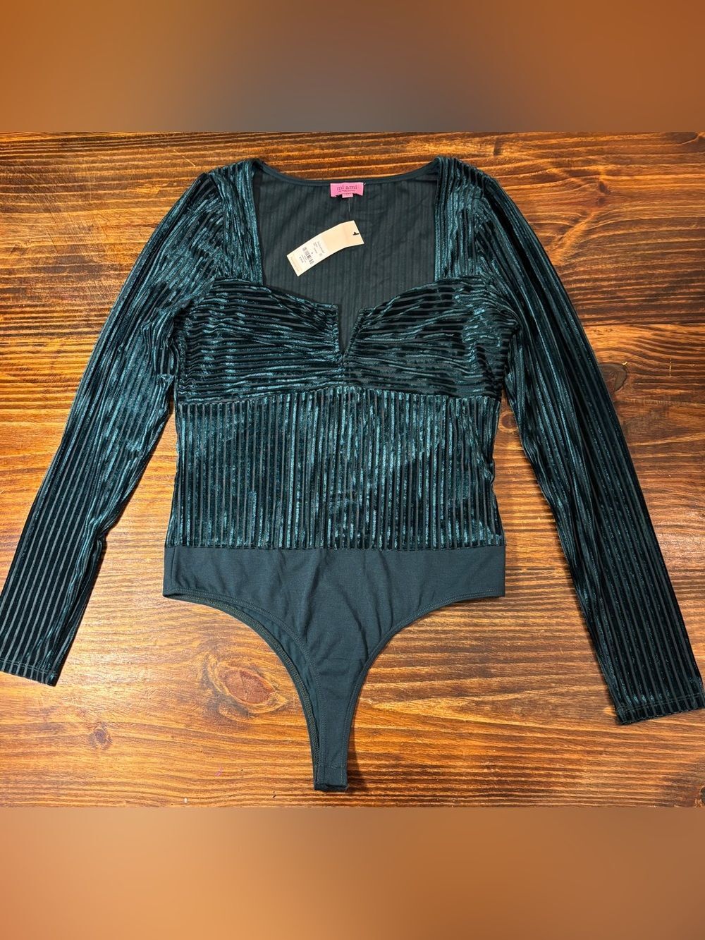 NWT Francesca’s Mi Ami Velvet Burnout Striped Long Sleeve Bodysuit Green Medium